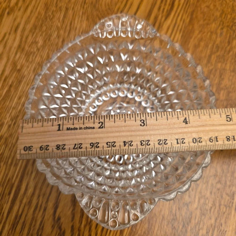 Vintage Pressed Glass Bowl Diamond Point Hobnail Starburst Handled Dish‎ MCM